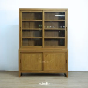lemari display cabinet kayu jati perhutani grade a ekspor bespoke custom furniture pajangan kontraktor desain interior arsitek proyek jepara kreasi studio trusted detail minimalis japandi urat